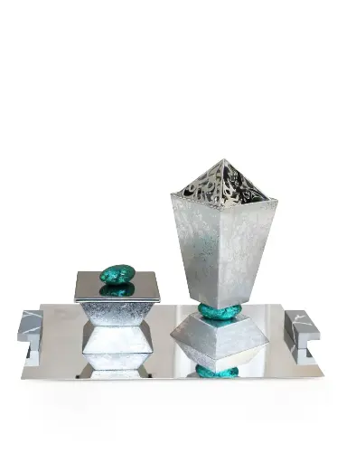 Pebble Madkhan and Oud Bowl Set With Tray (Silver green pebble)