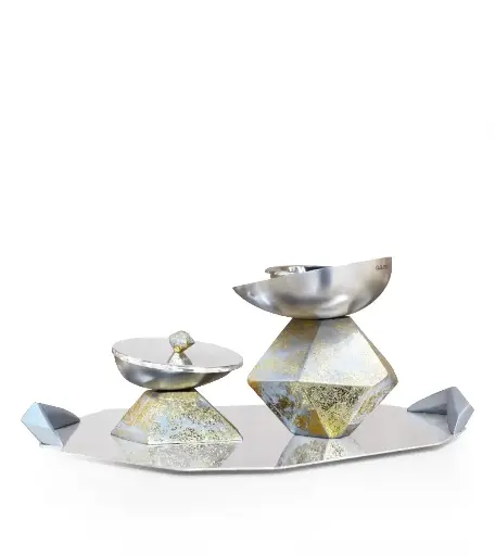 Hexagon Madkhan and Oud Bowl Set With Tray (Silver Gold)