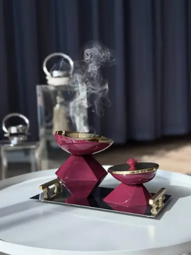 Hexagon Maroon Madkhan and Oud Set Bowl with Tray
