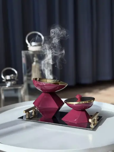 Hexagon Madkhan and Oud Bowl Set With Tray (Chrome Maroon)