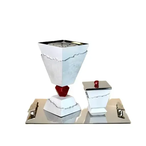 Classic Madkhan and Oud BowlSet With Tray (White With Maroon Pebble)