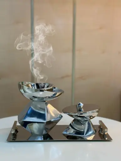 Hexagon Madkhan and Oud Bowl Set With Tray (Chrome Silver Shiny)