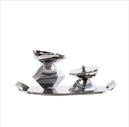 Hexagon Madkhan and Oud Bowl Set With Tray (Chrome Silver Shiny)